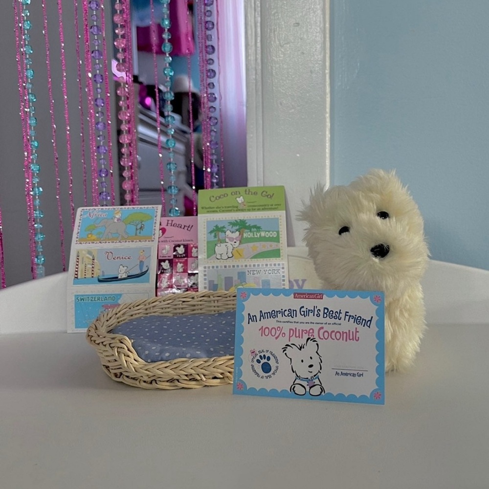 American girl pet dog coconut with bed, collar, and stickers